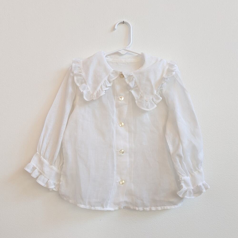 Vtg 4T White Sheer Frilly Long Sleeve Blouse Layering